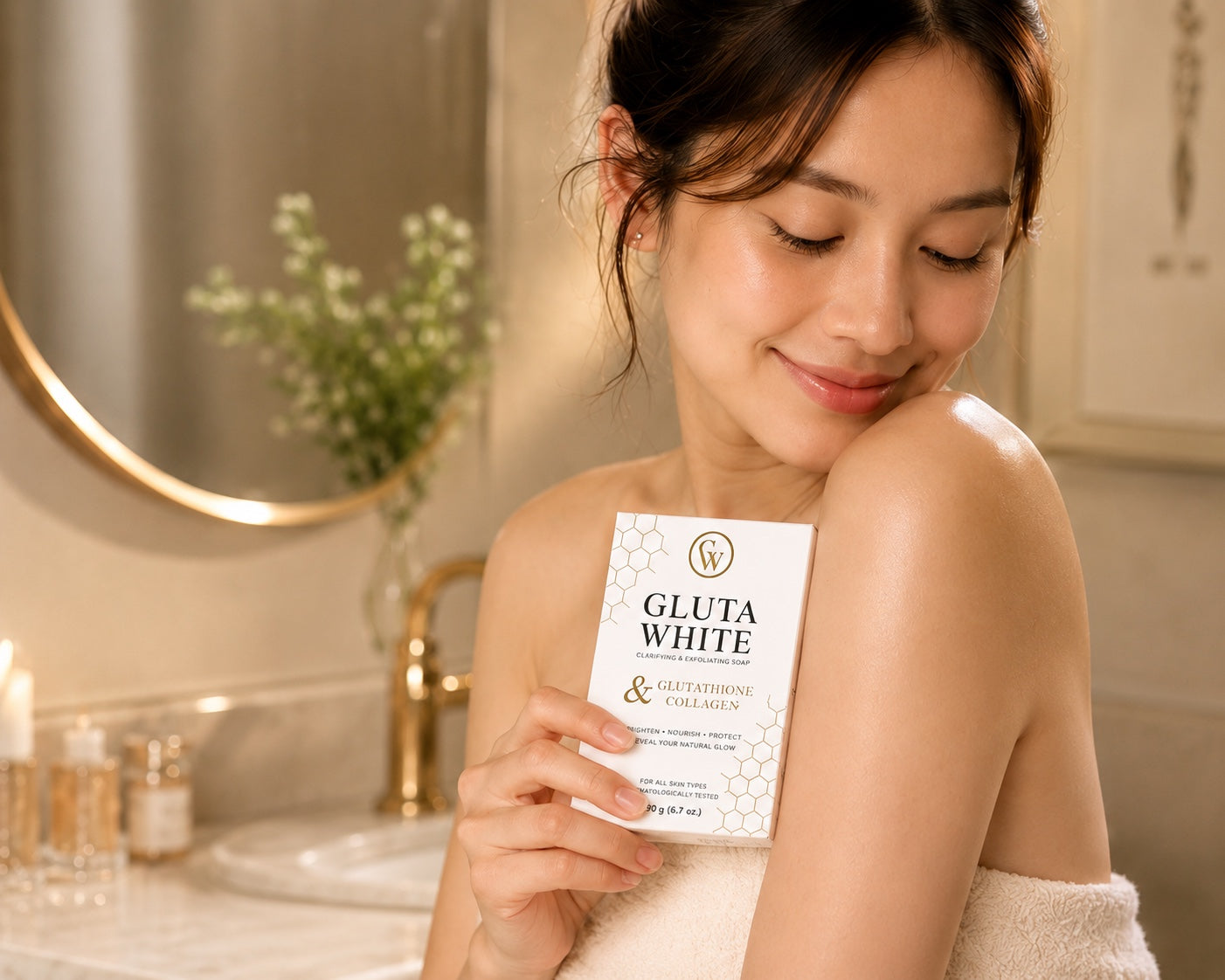 Gluta White PH premium model holding Gluta White soap